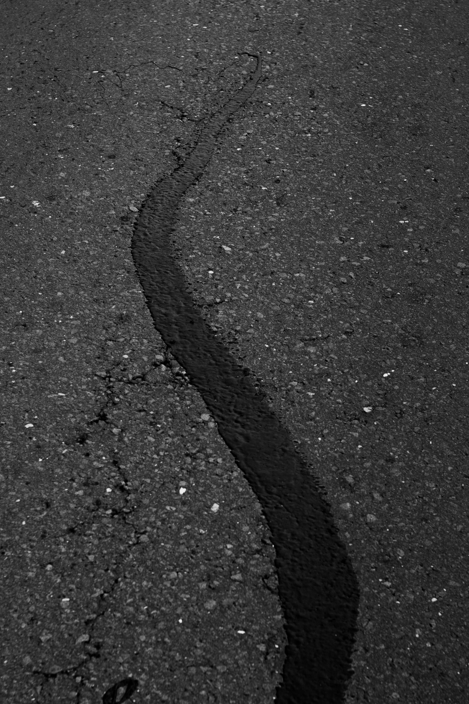 Detailed view of a road surface with a dark patch on cracked asphalt. Perfect for texture and construction themes.